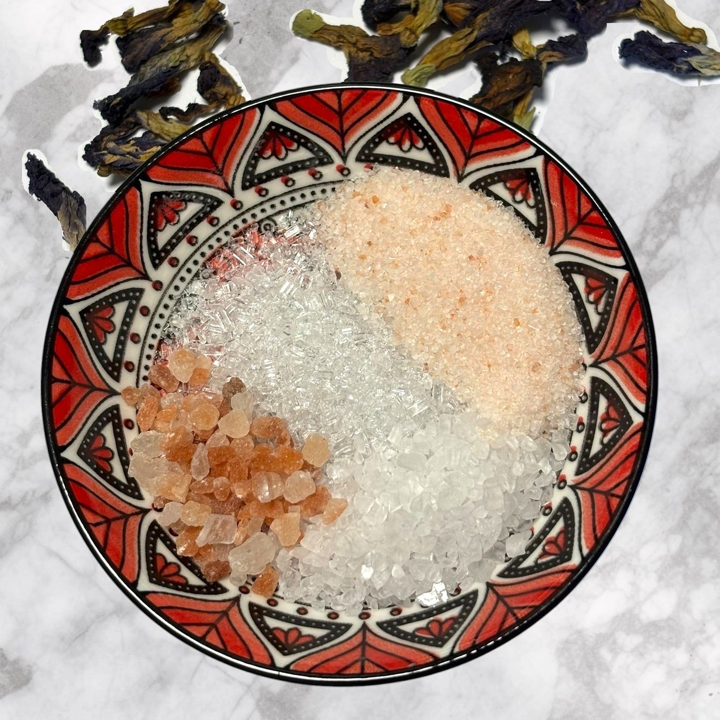  Sea Salt, Epsom Salt, Pink Himalayan Salt, Fragrance, Dry Butterfly pea Flowers.