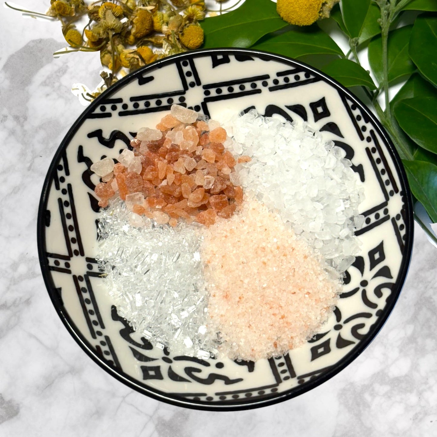 Sea Salt, Epsom Salt, Pink Himalayan Salt, Fragrance,Dry Chamomile Flowers.