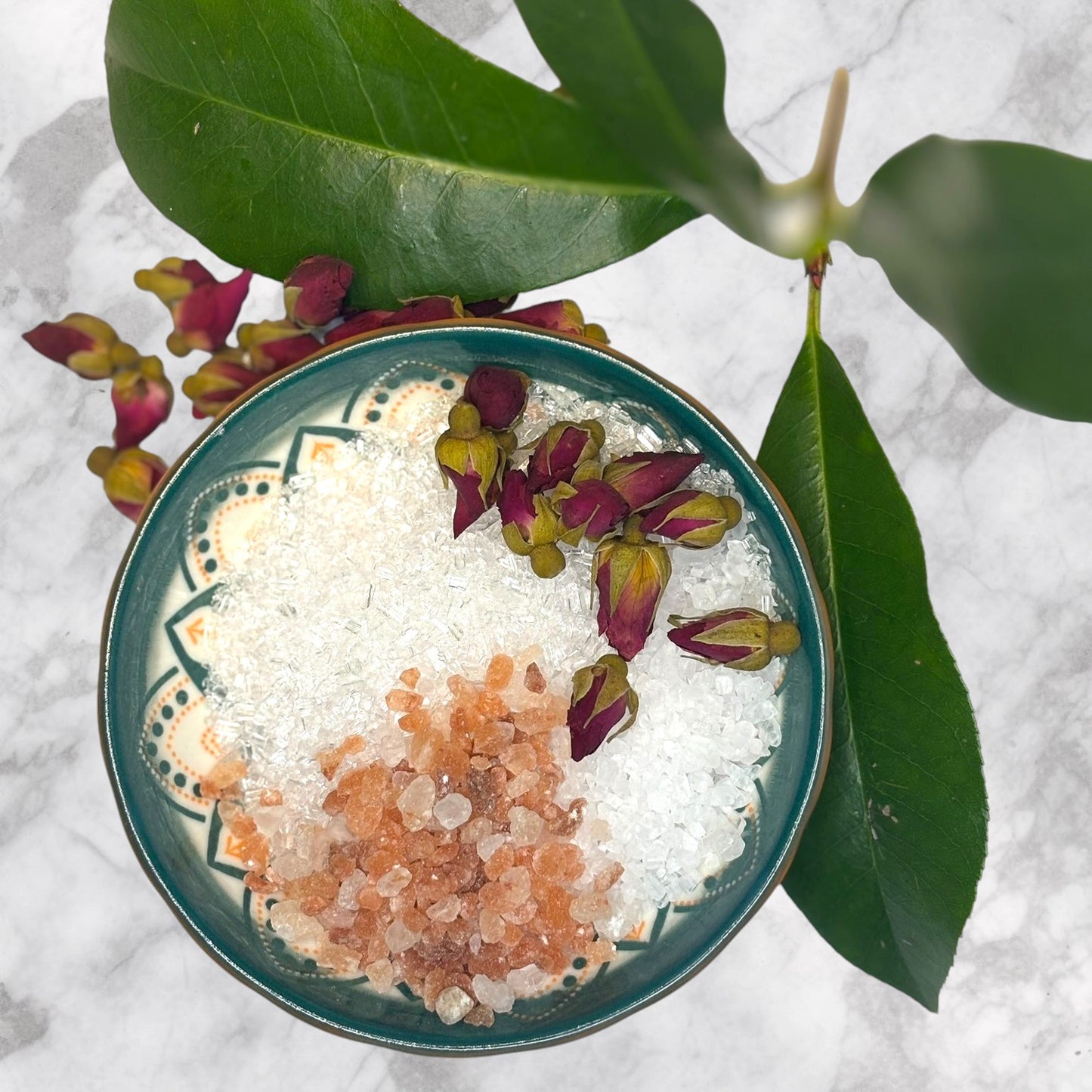Sea Salt, Epsom Salt, Pink Himalayan Salt, Fragrance, Dry Rose Flowers.