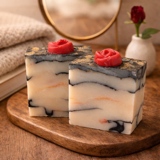 marbled looking handmade soap with rose on top on a wooden bench and country chic decor