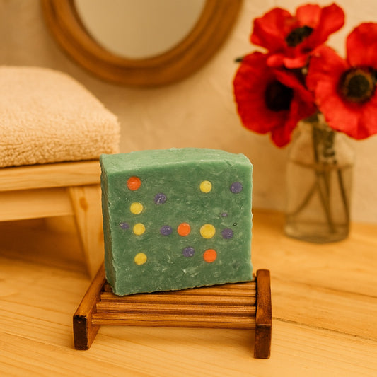 A handcrafted green soap bar with colourful polka dots displayed on a rustic wooden soap saver, folded towel and poppy flowers
