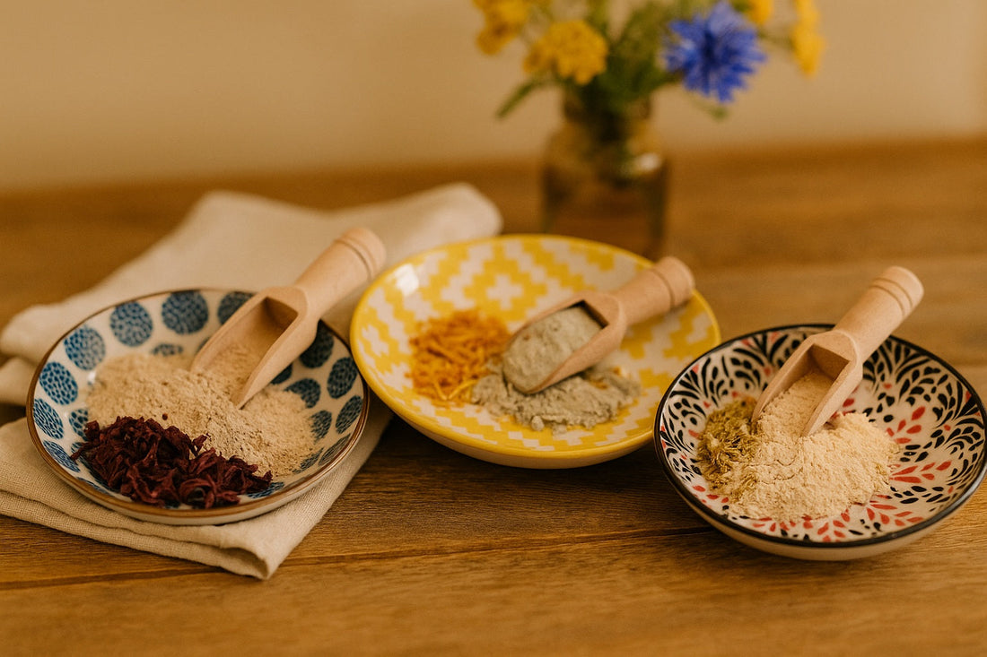 A country chic vanity scene with a ceramic bowl of natural clay mask in focus, placed on a rustic wooden surface. A small bamboo spatula rests in the bowl, while a folded towel and decorative mirror add warmth and charm to the background