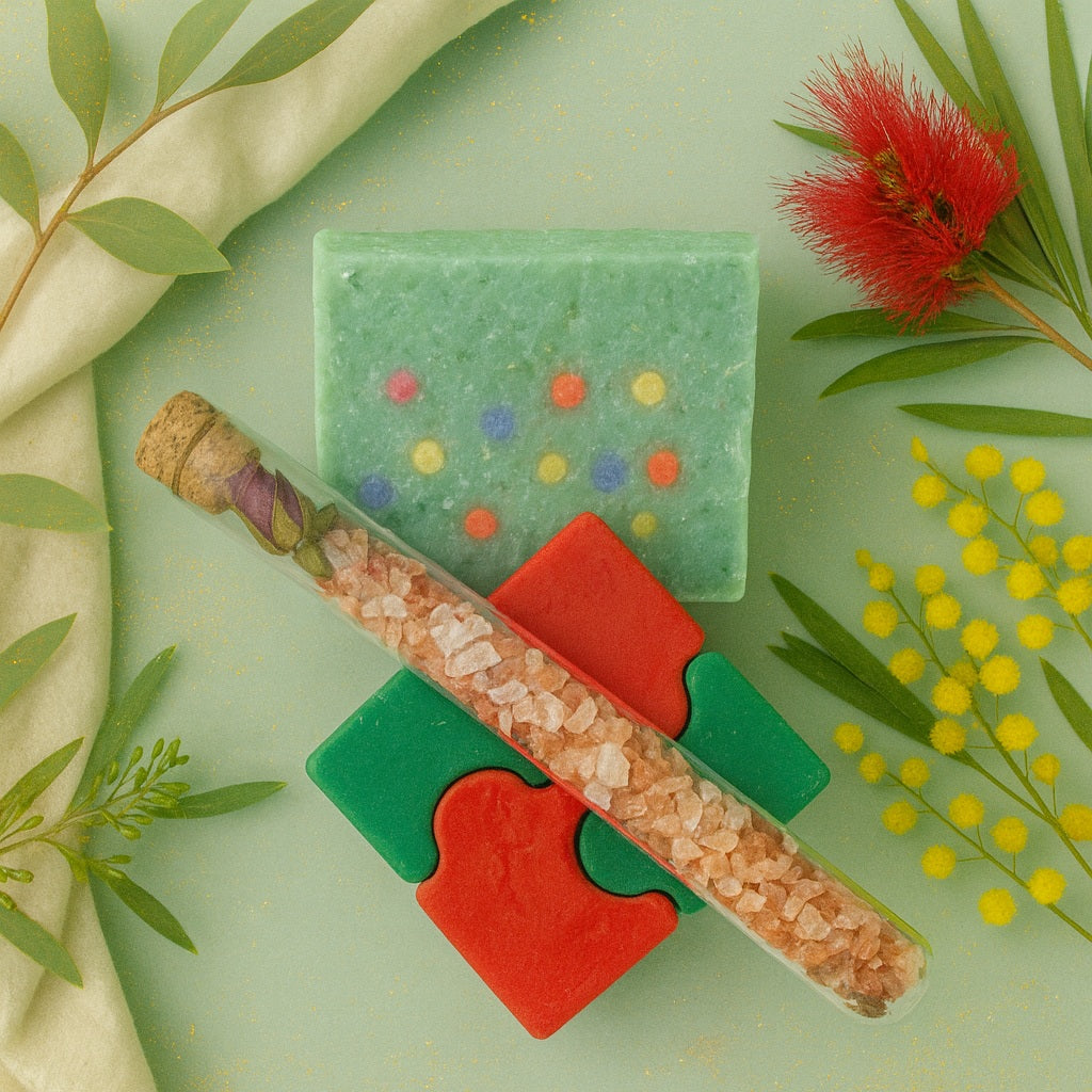 Australian Christmas-themed Terra’s Touch display with green soap, red and green puzzle soaps, and a glass tube of pink bath salts surrounded by eucalyptus leaves, bottlebrush, and wattle on a soft aqua background