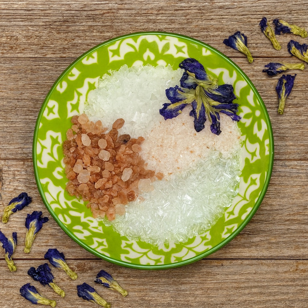 A green and white patterned ceramic bowl filled with assorted bath salts and dried butterfly pea flowers, set on a rustic wooden bench with scattered flowers around it.
