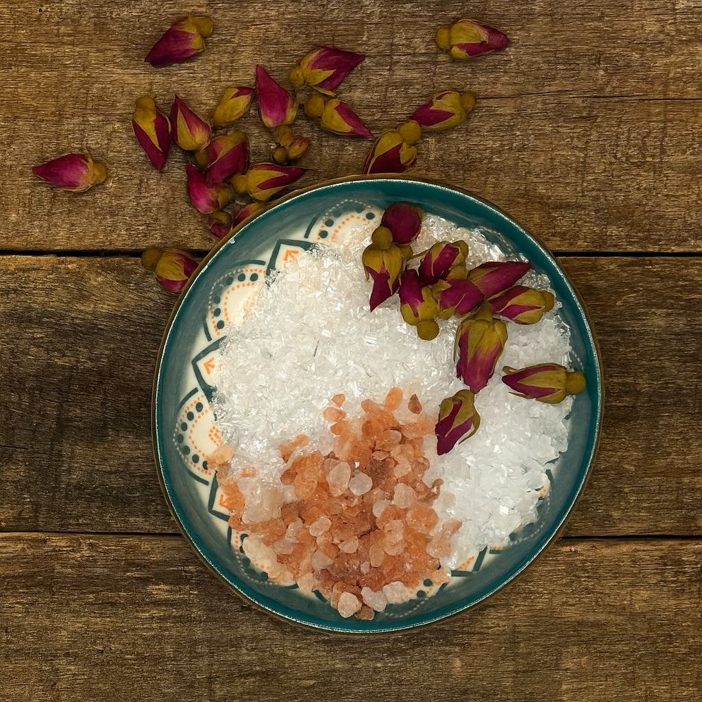 A decorative teal ceramic bowl filled with white and pink bath salts and dried rosebuds, placed on a rustic wooden bench background.
