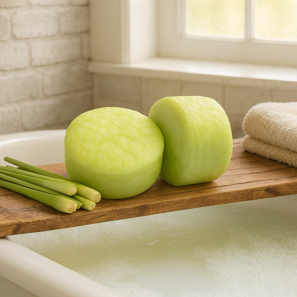 black sesame and lemongrass shampoo bar on a wooden bench on top of a bathtub