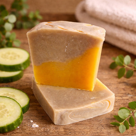 2 bars of handmade cucumber melon soap on a wooden bench with folded towel, eucalyptus green leaves ad cucumber slices