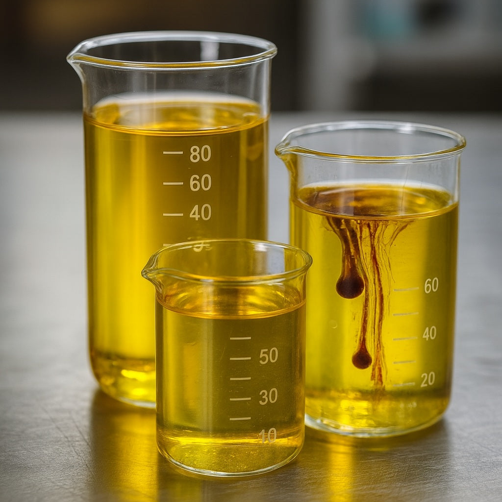 3 beakers of facial oil on stainless still production table