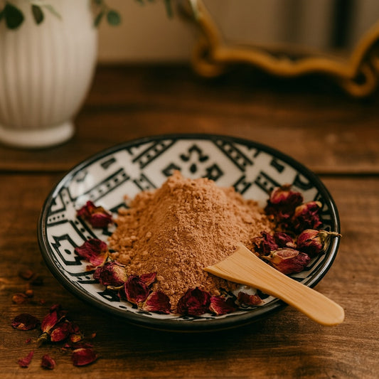  A ceramic plate with a black geometric pattern holds a mound of fine French red clay powder, surrounded by dried red rosebuds, with a small wooden spatula on a rustic wooden vanity, softly lit in warm tones.