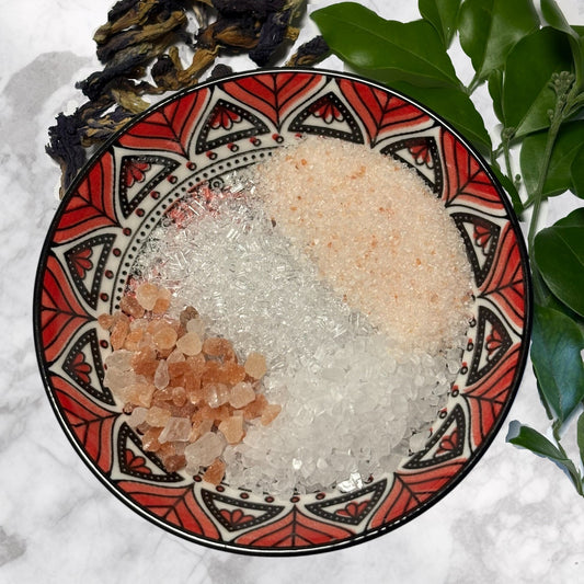 &nbsp;Sea Salt, Epsom Salt, Pink Himalayan Salt, Fragrance, Dry Butterfly pea Flowers.