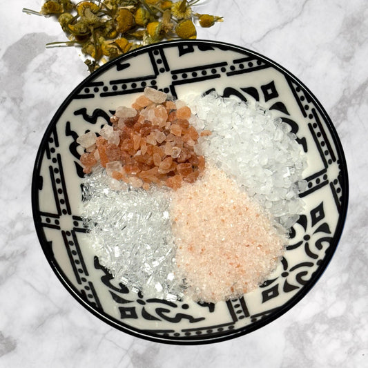 Sea Salt, Epsom Salt, Pink Himalayan Salt, Fragrance,Dry Chamomile Flowers.