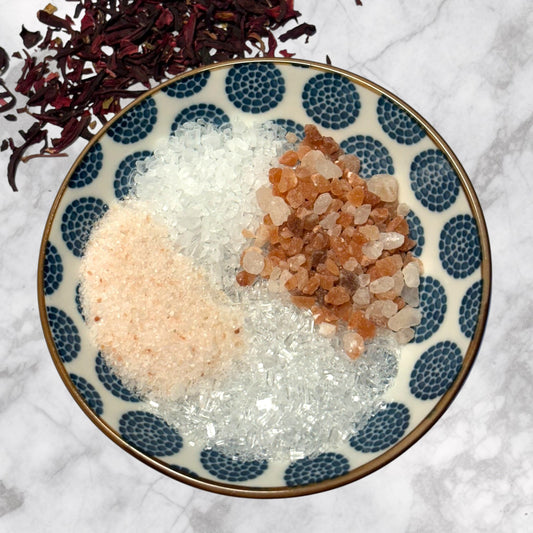 Sea Salt, Epsom Salt, Pink Himalayan Salt, Fragrance, Dry Hibiscus Flowers.