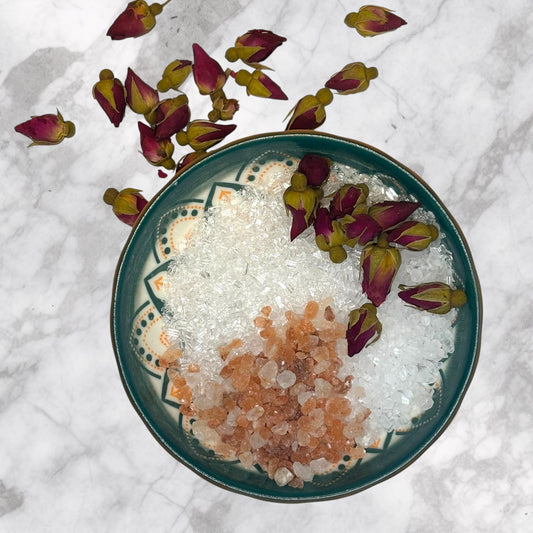 Sea Salt, Epsom Salt, Pink Himalayan Salt, Fragrance, Dry Rose Flowers.