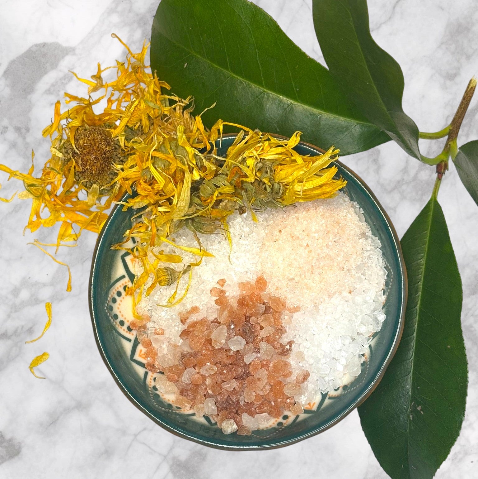 Sea Salt, Epsom Salt, Pink Himalayan Salt, Fragrance, Dry Calendula Flowers.
