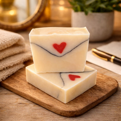 Love Letter handmade soap styled on a rustic wooden desk with paper, pen and warm country-chic Valentine styling