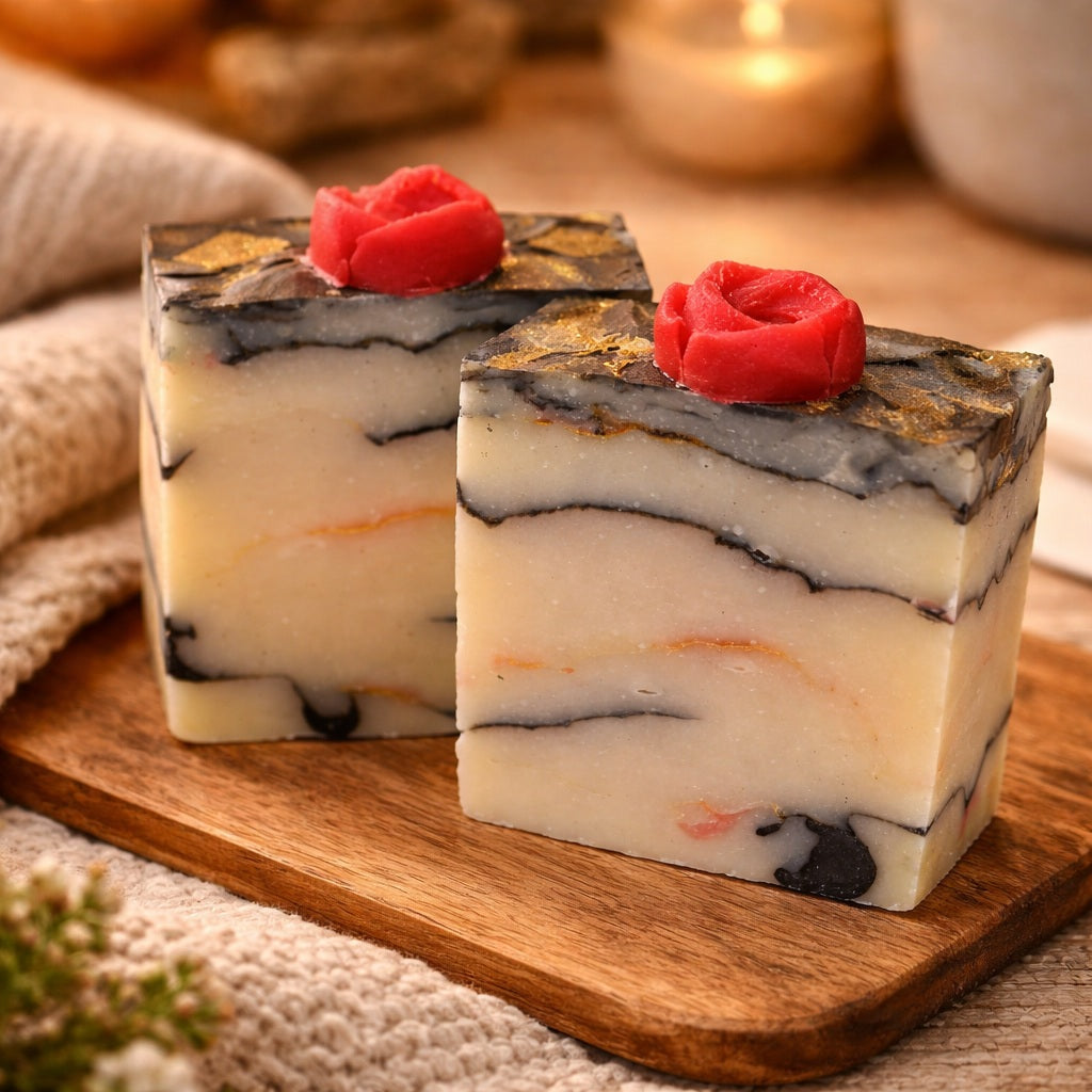 marbled looking handmade soap with rose on top on a wooden bench and country chic decor 