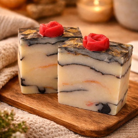 marbled looking handmade soap with rose on top on a wooden bench and country chic decor 