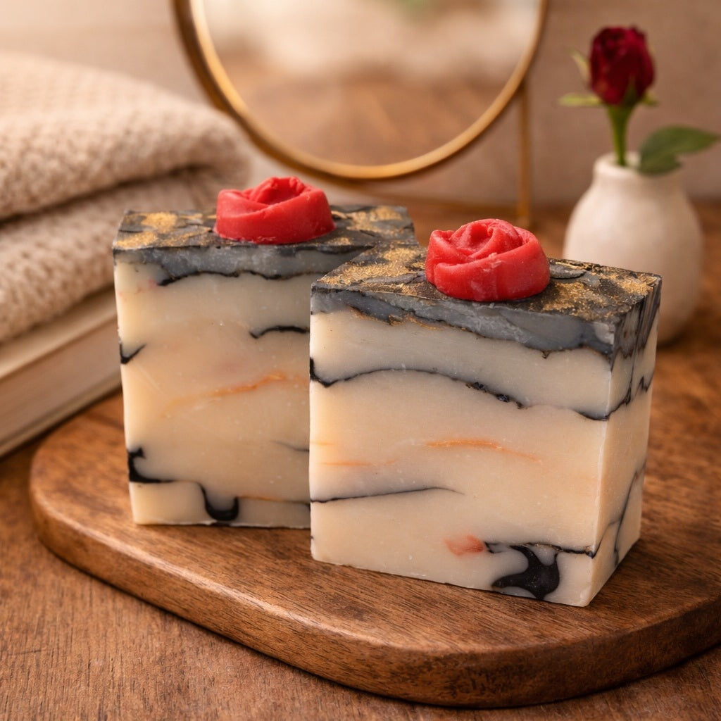 marbled looking handmade soap with rose on top on a wooden bench and country chic decor 