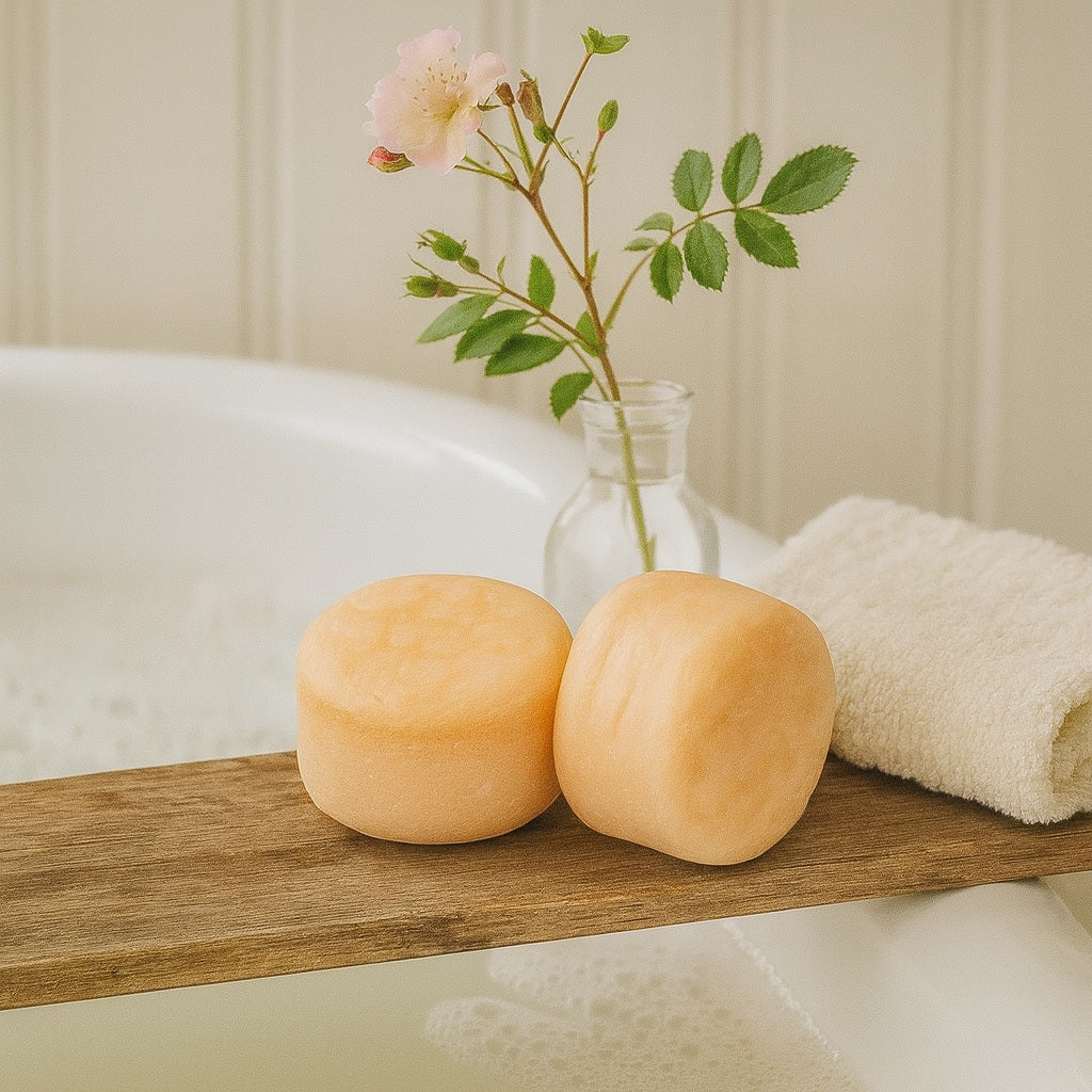 Pomegranate Rose Shampoo Bars from Terra’s Touch displayed on a rustic wooden bath shelf above a frothy milky tub, styled with a wild rose branch in a vase and a folded towel in a warm country chic setting