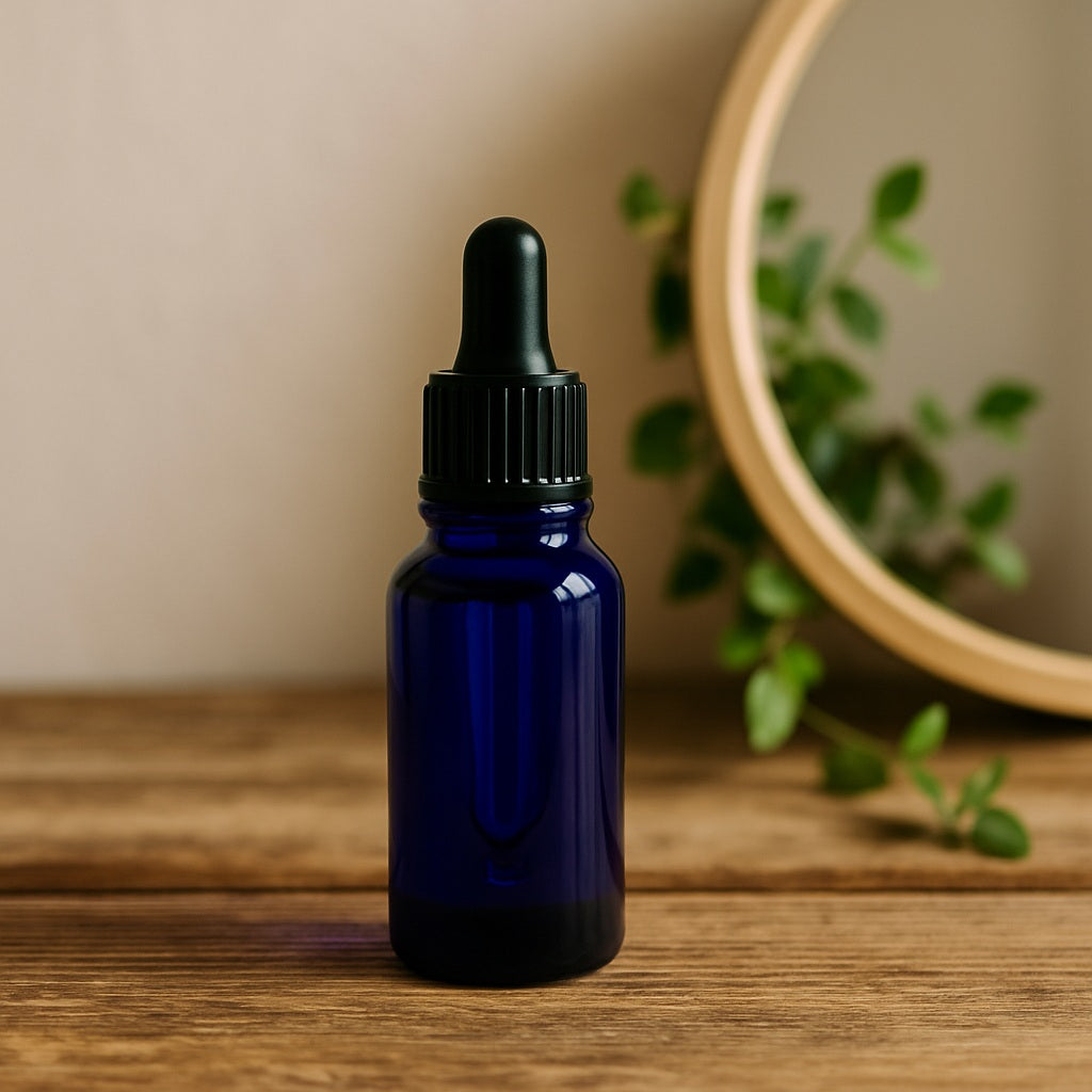 blue bottle with dropper on a wooden bench