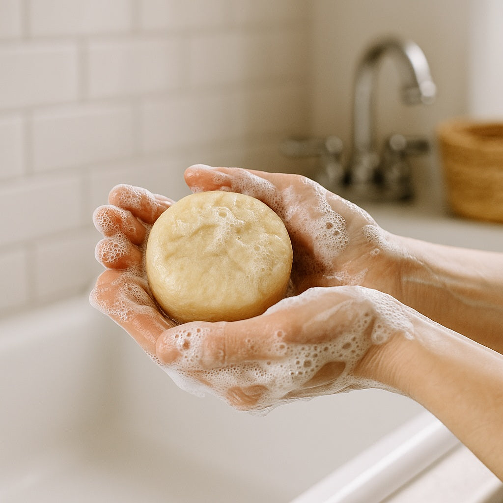 Handmade Shampoo Bar from Terra’s Touch, producing foamy suds during use in a bathroom sink.
