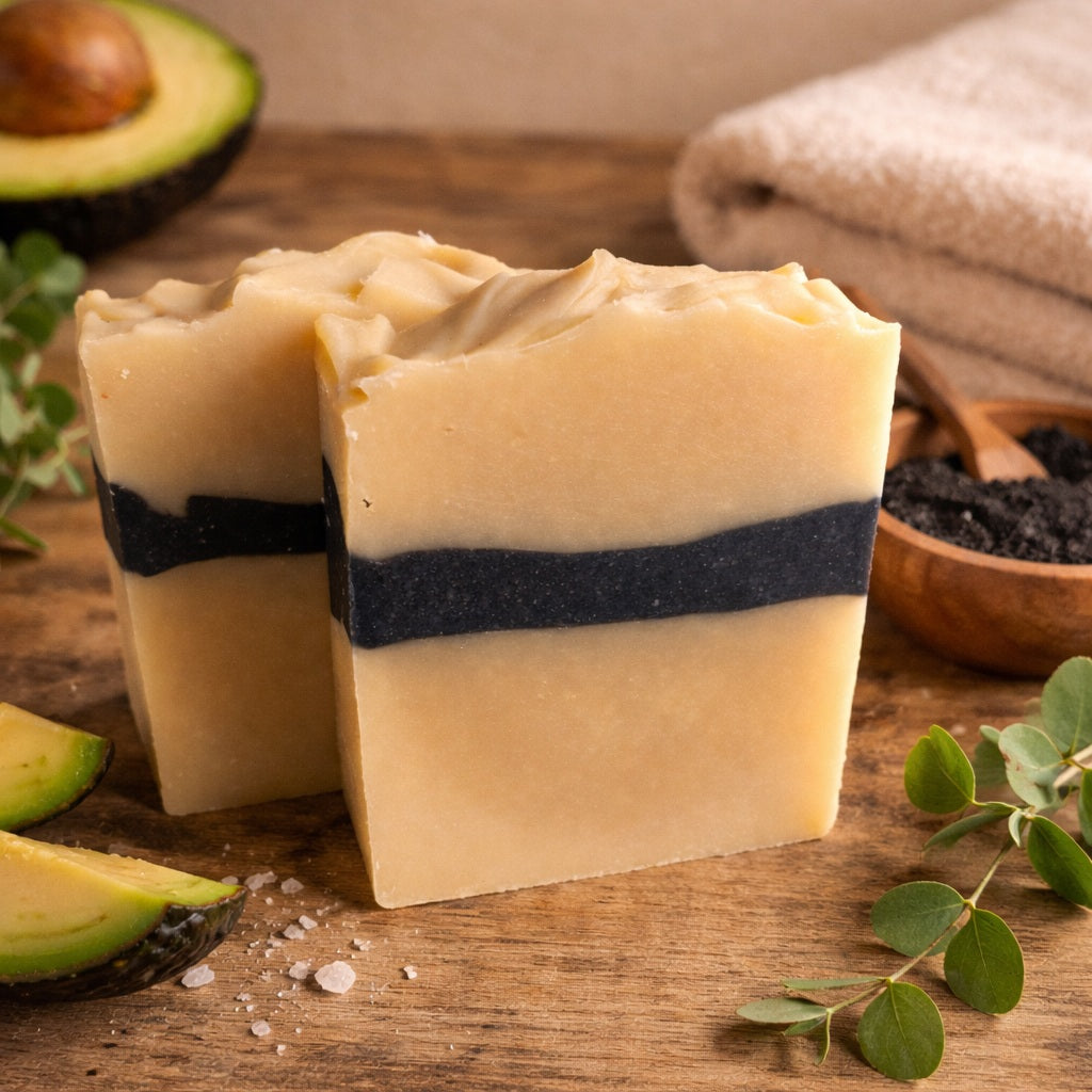 2 bars of handmade soap on a wooden table with folded towel , green plants and avocado fruit 