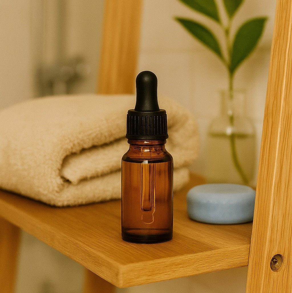beard oil in a brown bottle with dropper on a wooden shelf with shampoo bar, towel and plant