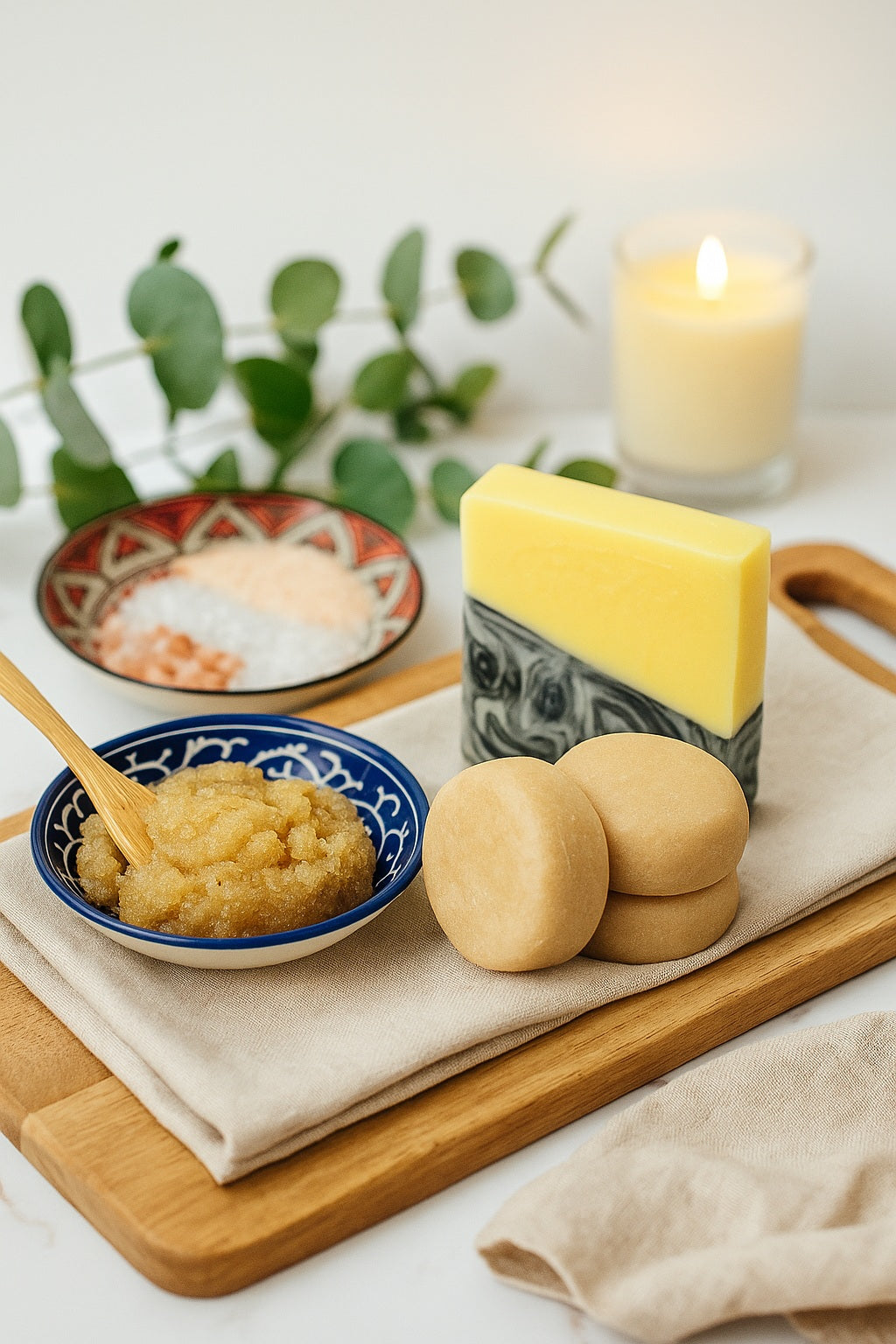 soap, shampoo bars, body scrub and bath soaks on a wooden board with candle