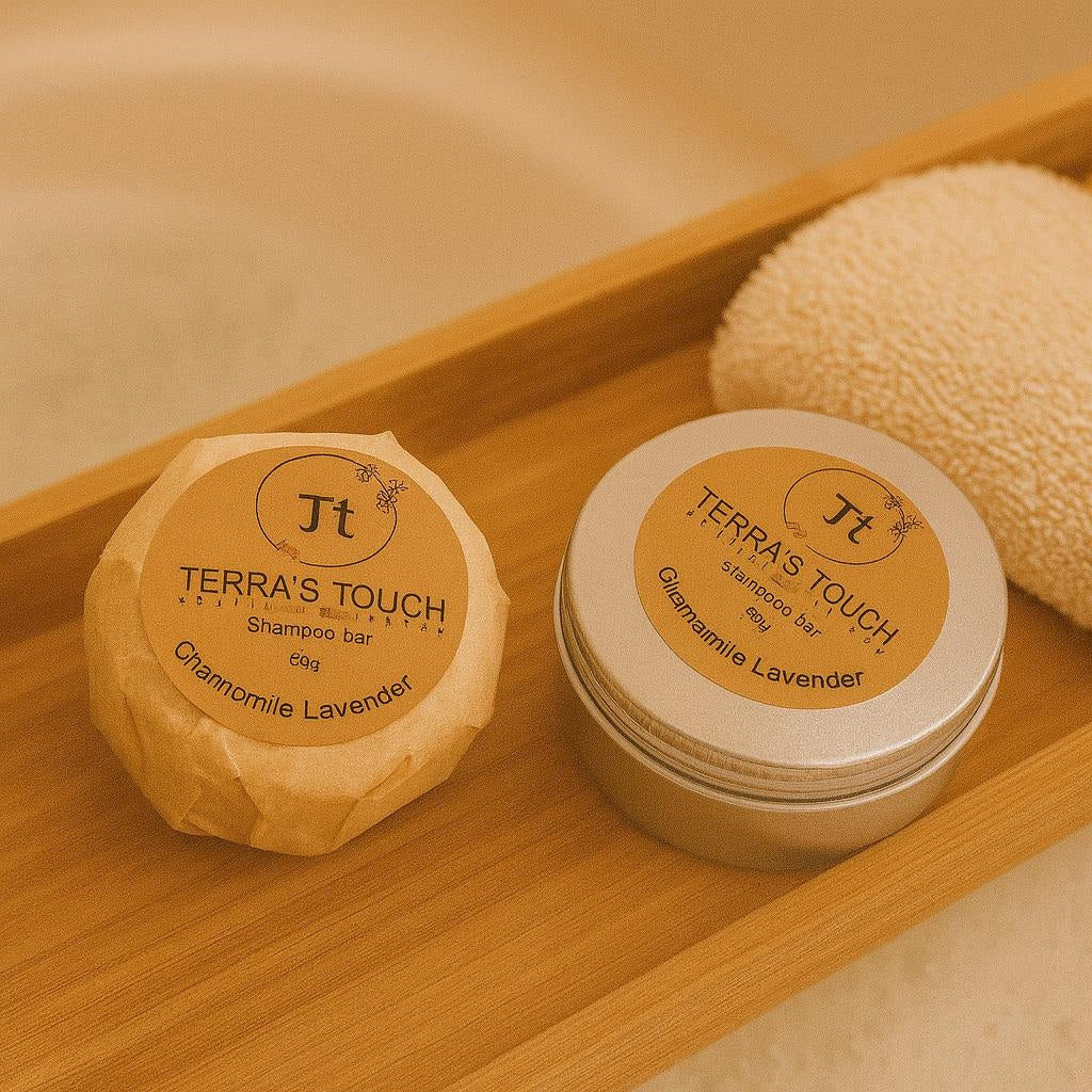 Chamomile lavender purple toning shampoo on a wooden bench. travel tin and paper wrapper