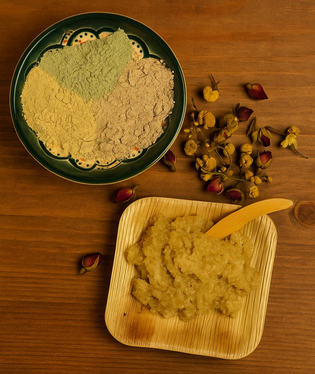 clay masks, body scrubs and dries flowers on a wooden bench
