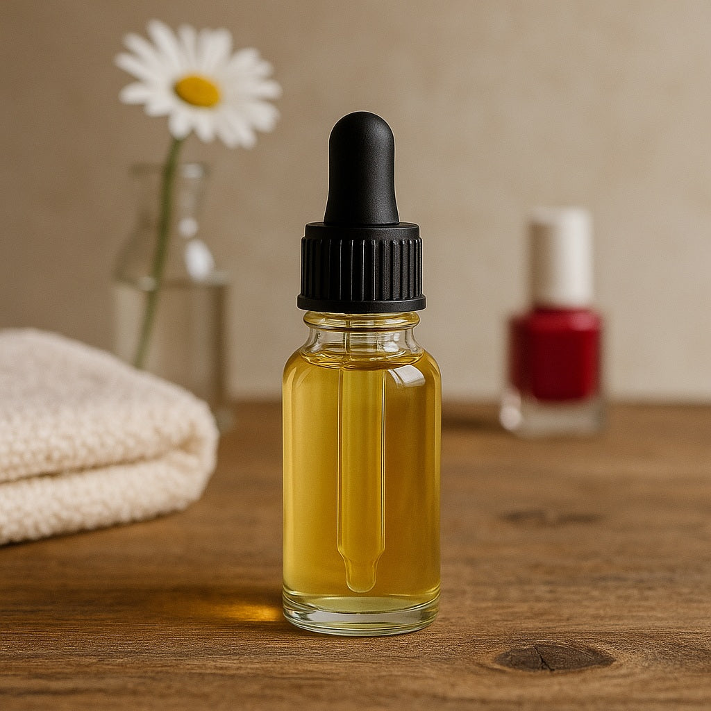 cuticle oil in transparent bottle with dropper on a wooden bench with daisy flower