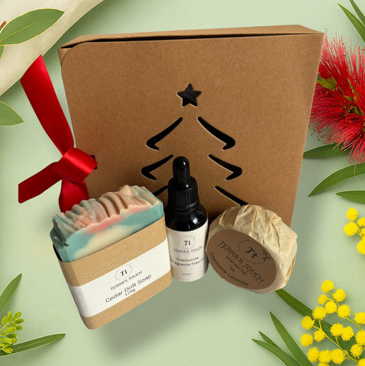 Everyday Essentials Trio from Terra’s Touch displayed on a soft green botanical background with wattle and bottlebrush. Includes a Cedar Drift soap bar, Chamomile fragrance-free face oil, and Chamomile Lavender shampoo bar presented beside a kraft gift box with a Christmas tree cut-out and red ribbon bow.