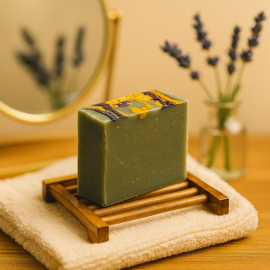 Handcrafted soap bar with gold and purple accents resting on a wooden soap saver, styled with country chic décor including a wooden bench, folded towel, mirror, and a vase of lavender flowers
