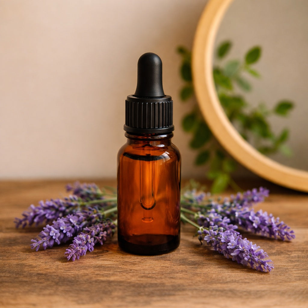 lavender face oil in brown bottle with dropper and lavender flowers in a country chic decor with mirror
