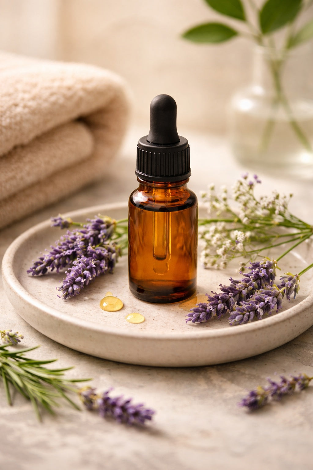 face oi in brown bottle with dropper on a ceramic plate with lavender flowers and folded towel
