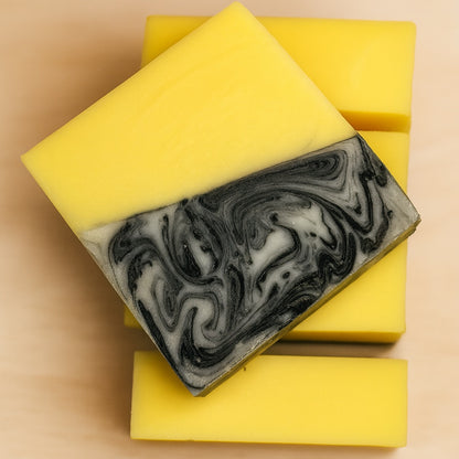 handmade lemon and charcoal swirl soap