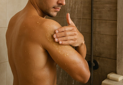man in the shower using emulsified sugar scrub