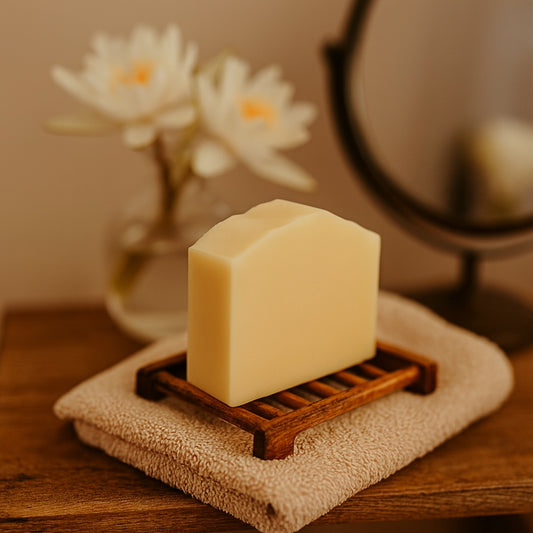 Handmade soap on a wooden soap saver and a folded towel with country chic decor 