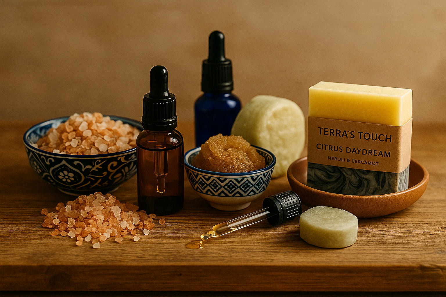 bath salts, body scrub, shampoo puck, soap, all handmade on a wooden bench