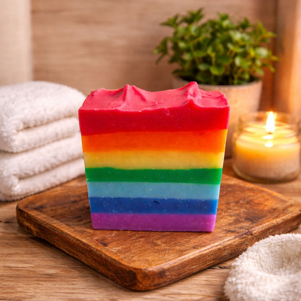 7 layers rainbow handmade soap on a country chic decor with candle, towels, potted plant and wooden shelf