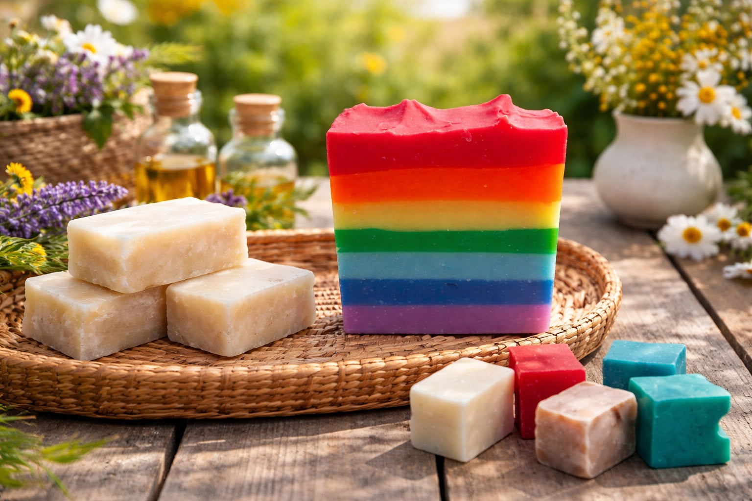 Rainbow layered soap bar displayed on a woven tray with small handmade soaps, glass oil bottles, and wildflowers on a rustic wooden table in warm natural light.