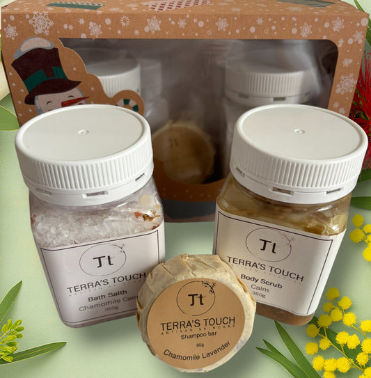 bath salt, body scrub and solid shampoo bar on an Australian Christmassy background