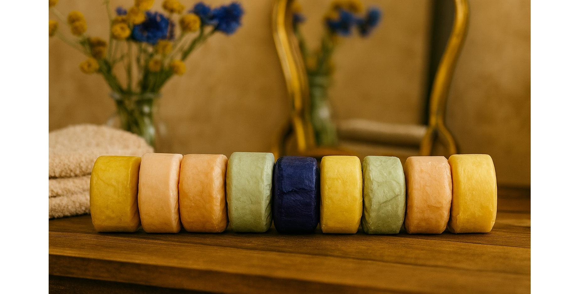 shampoo bars on a wooden table and vase with flowers