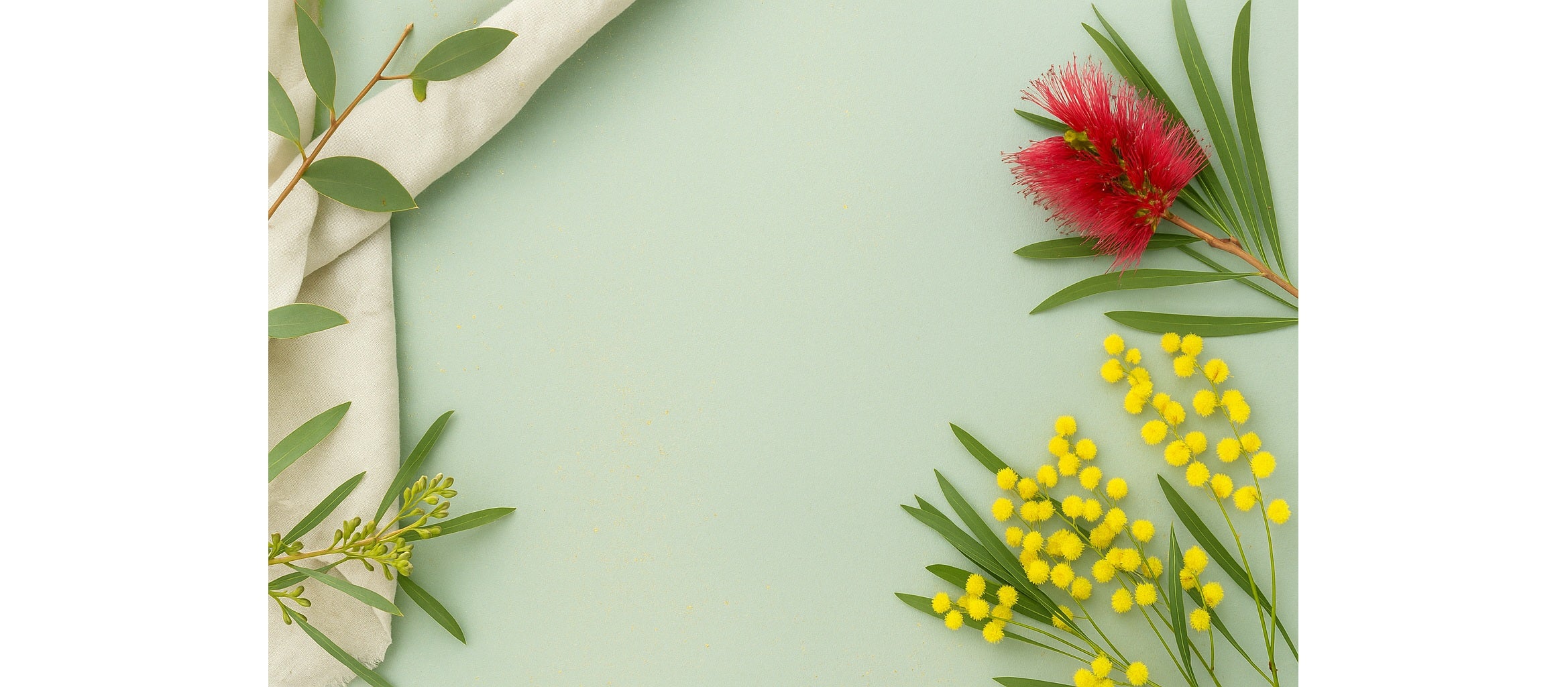 Australian summer Christmas banner featuring eucalyptus leaves, red bottlebrush flower, yellow wattle blossoms, and natural linen on a soft aqua background with golden sparkles — designed for Terra’s Touch country-chic theme.